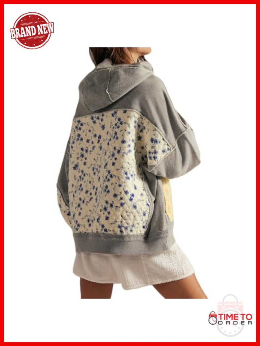 Oversized Floral Hoodie Drop Shoulder Elastane Pullover Sweatshirt